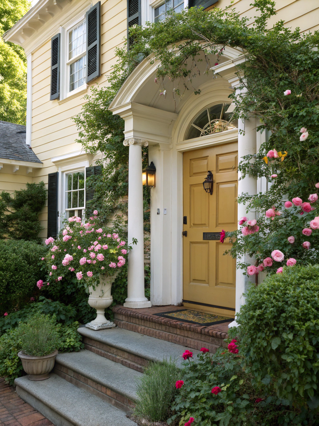 Exterior wooden door painted in deep forest green
