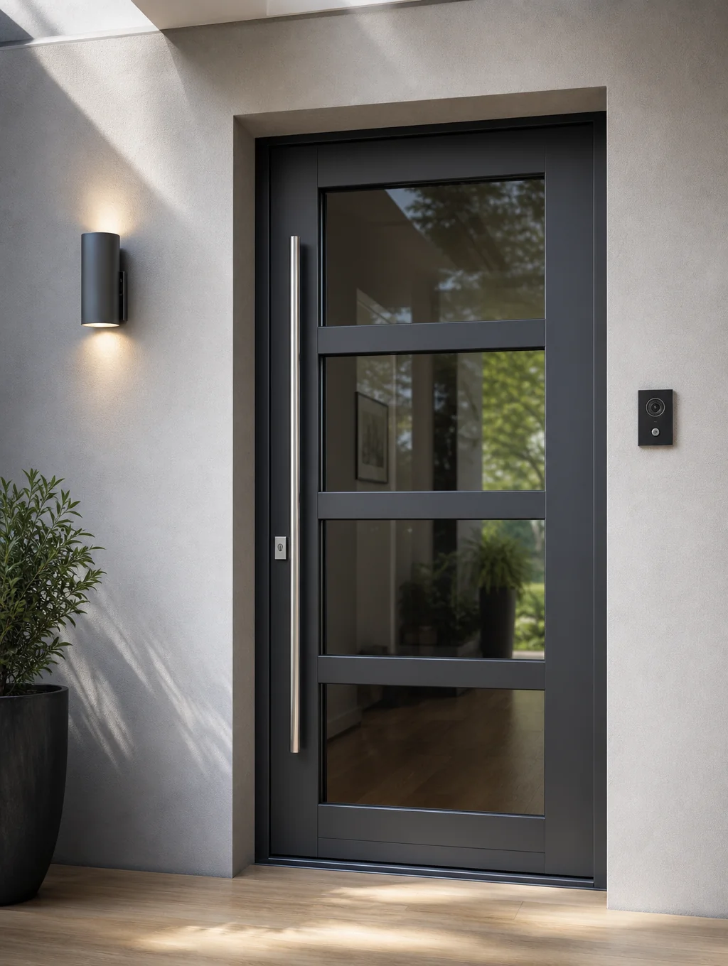 Modern front door painted in matte black with brass hardware