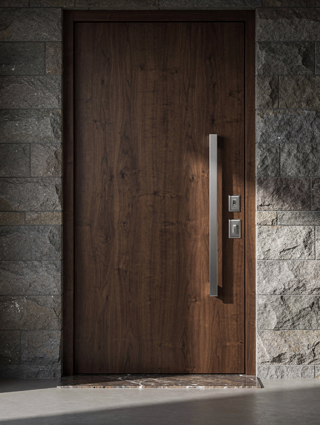 Restored double front entrance doors varnished in warm walnut tone