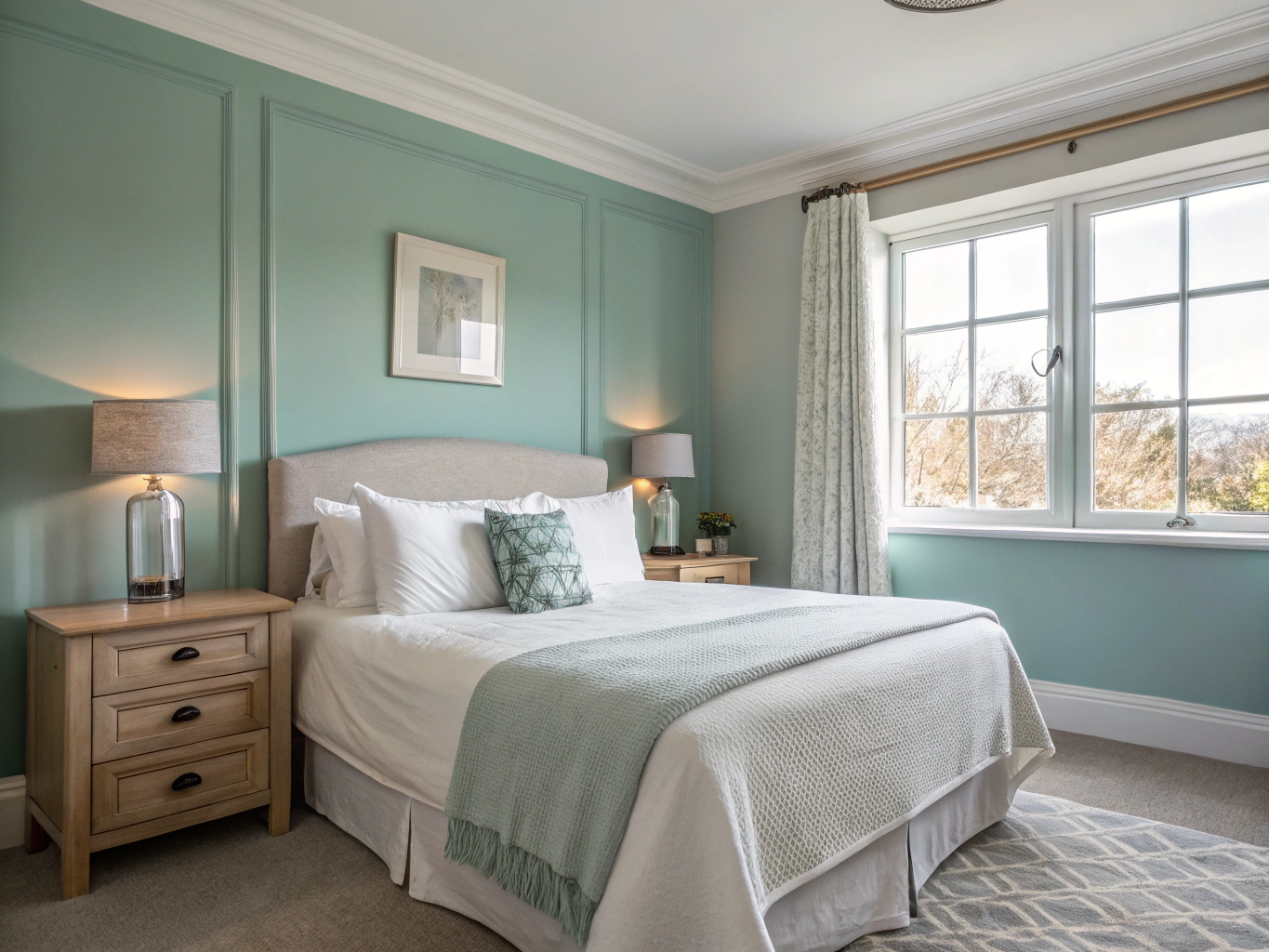 Bedroom wall featuring dark green color block technique