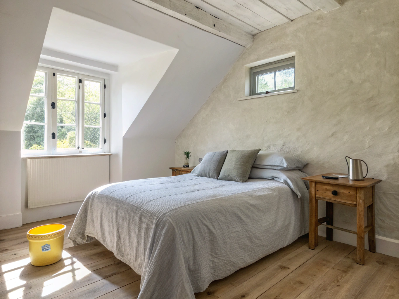 Restored classic bedroom with smooth walls and pristine white baseboards