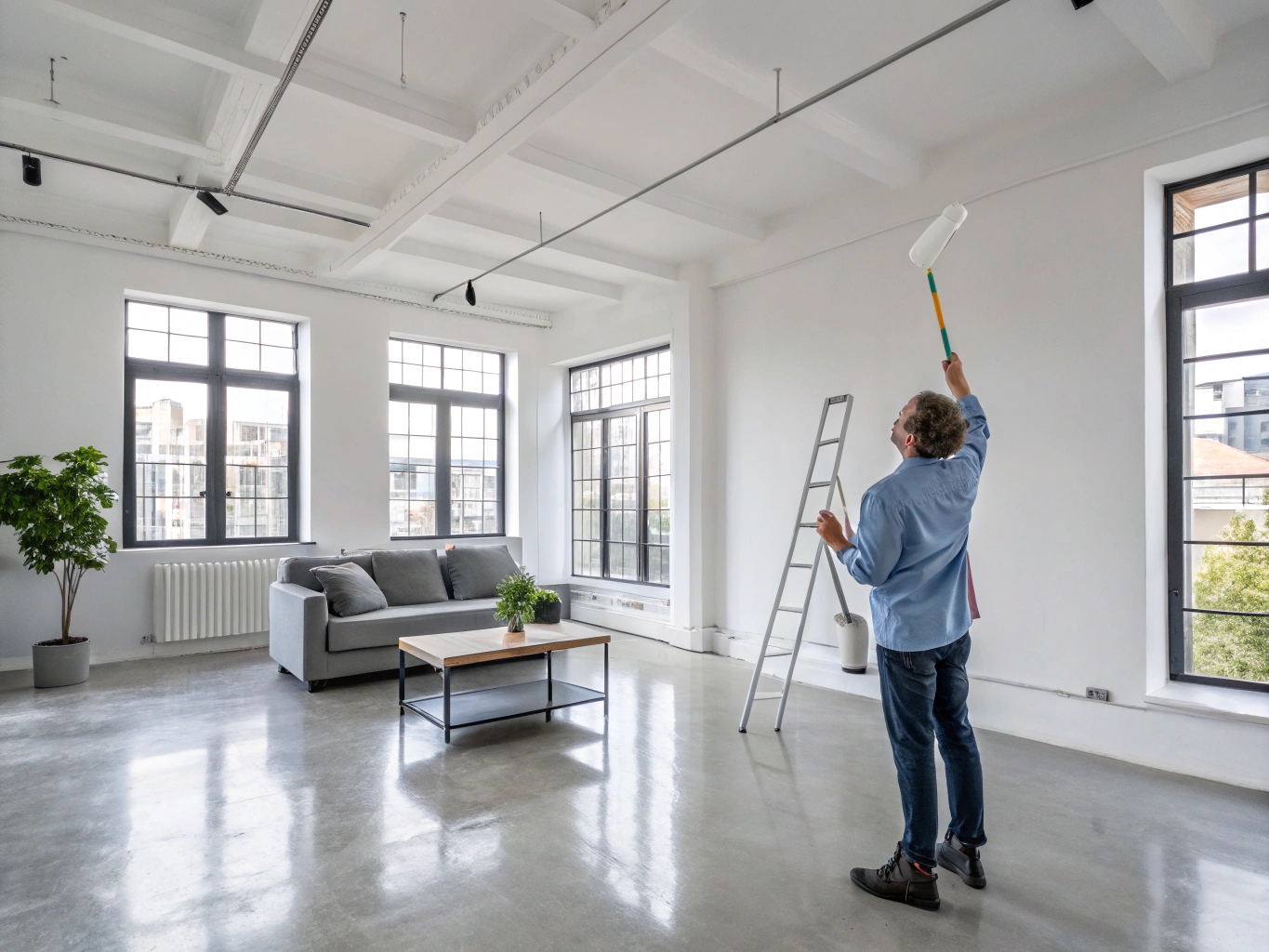 Penthouse interior with large windows and flawlessly rendered walls