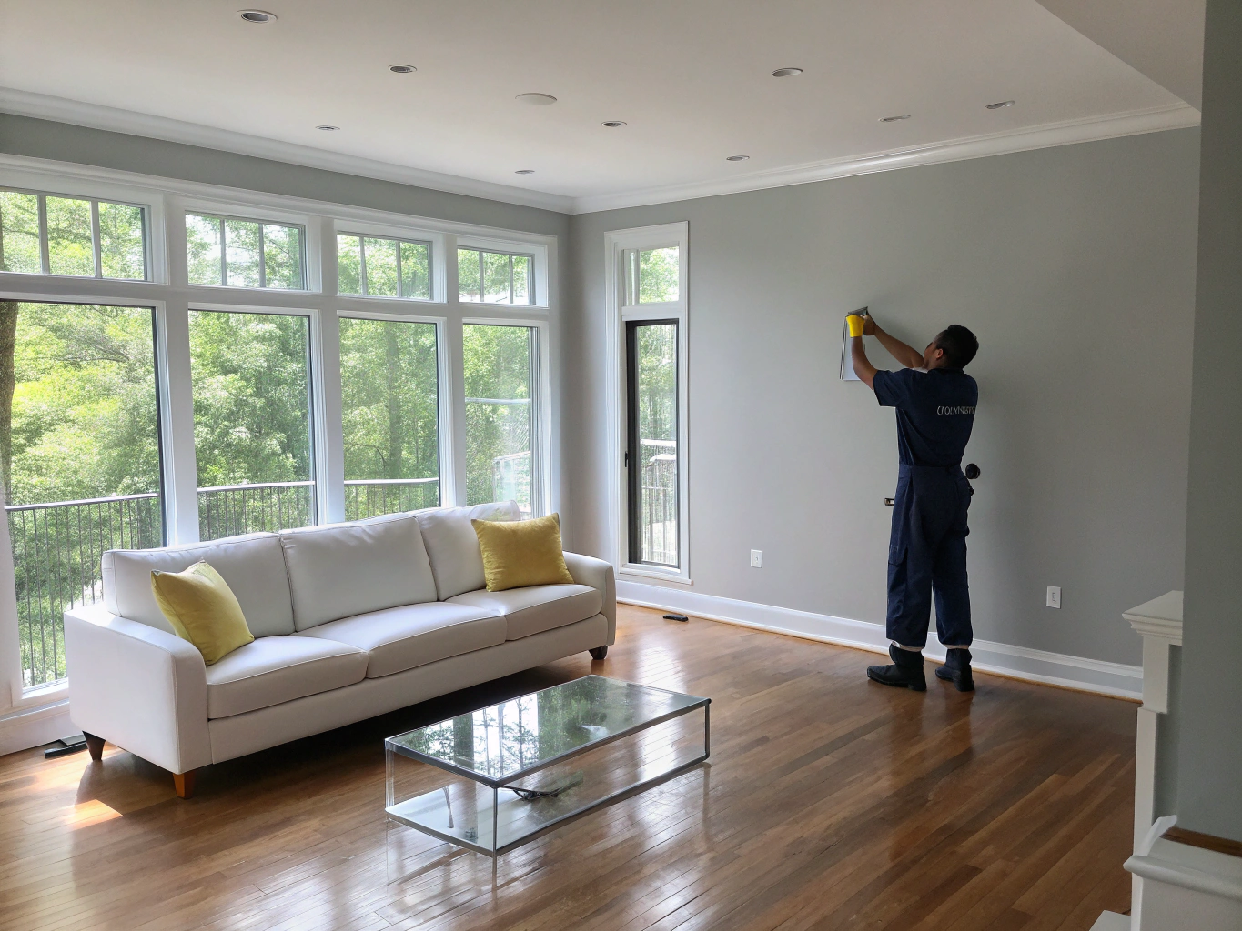 Bright living room freshly painted in neutral tones with flawless finishes