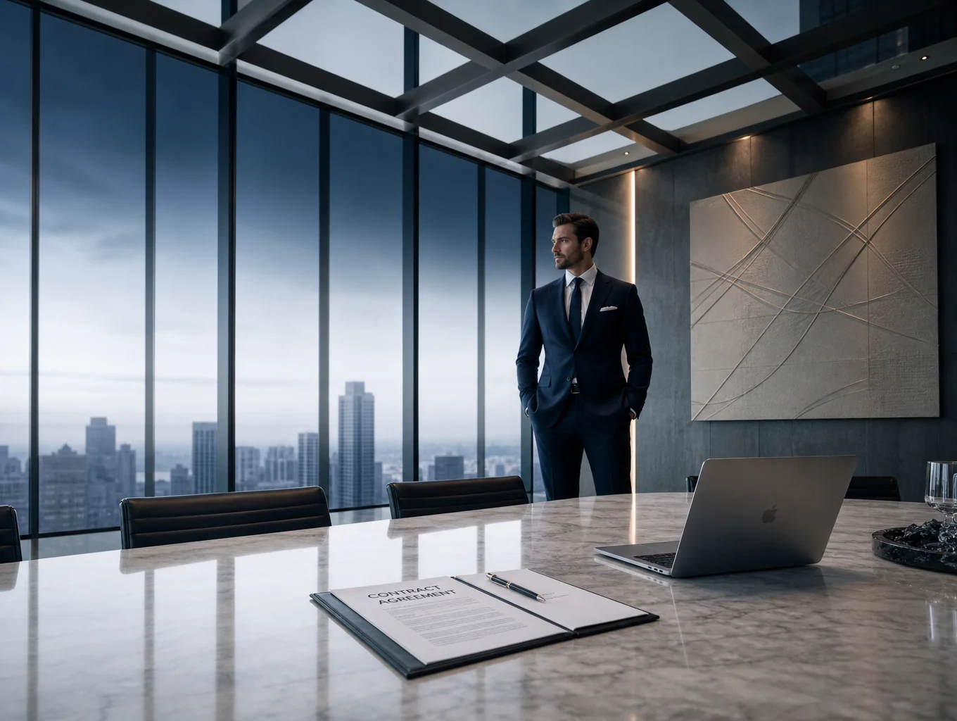 Meeting room with walls painted in petroleum blue and crisp white