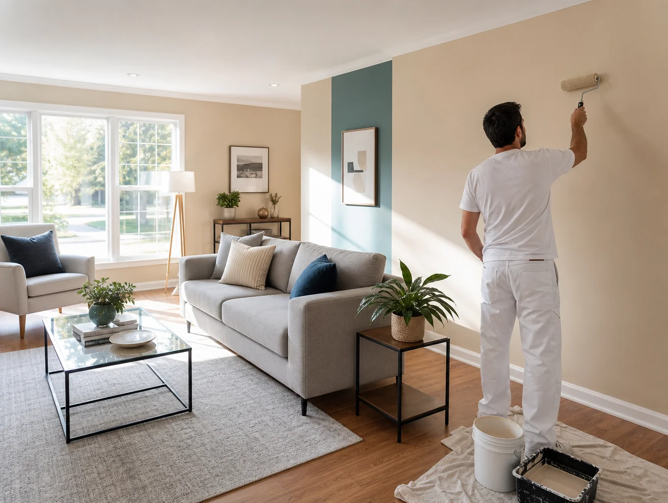 Modern painted living room interior with smooth finished walls and crisp molding