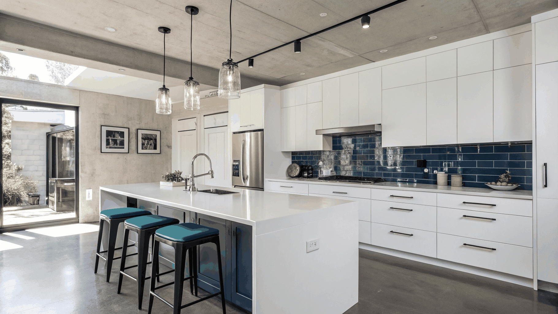 Modern kitchen with beautifully spray-painted navy and white refinished cabinets