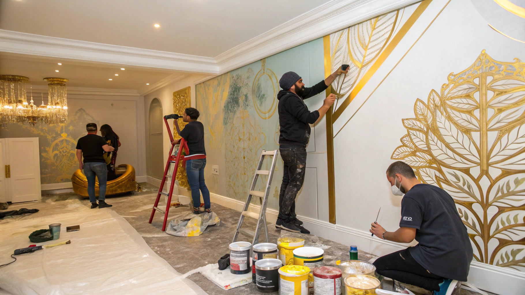 Professional interior painting crew at work with clean masking lines