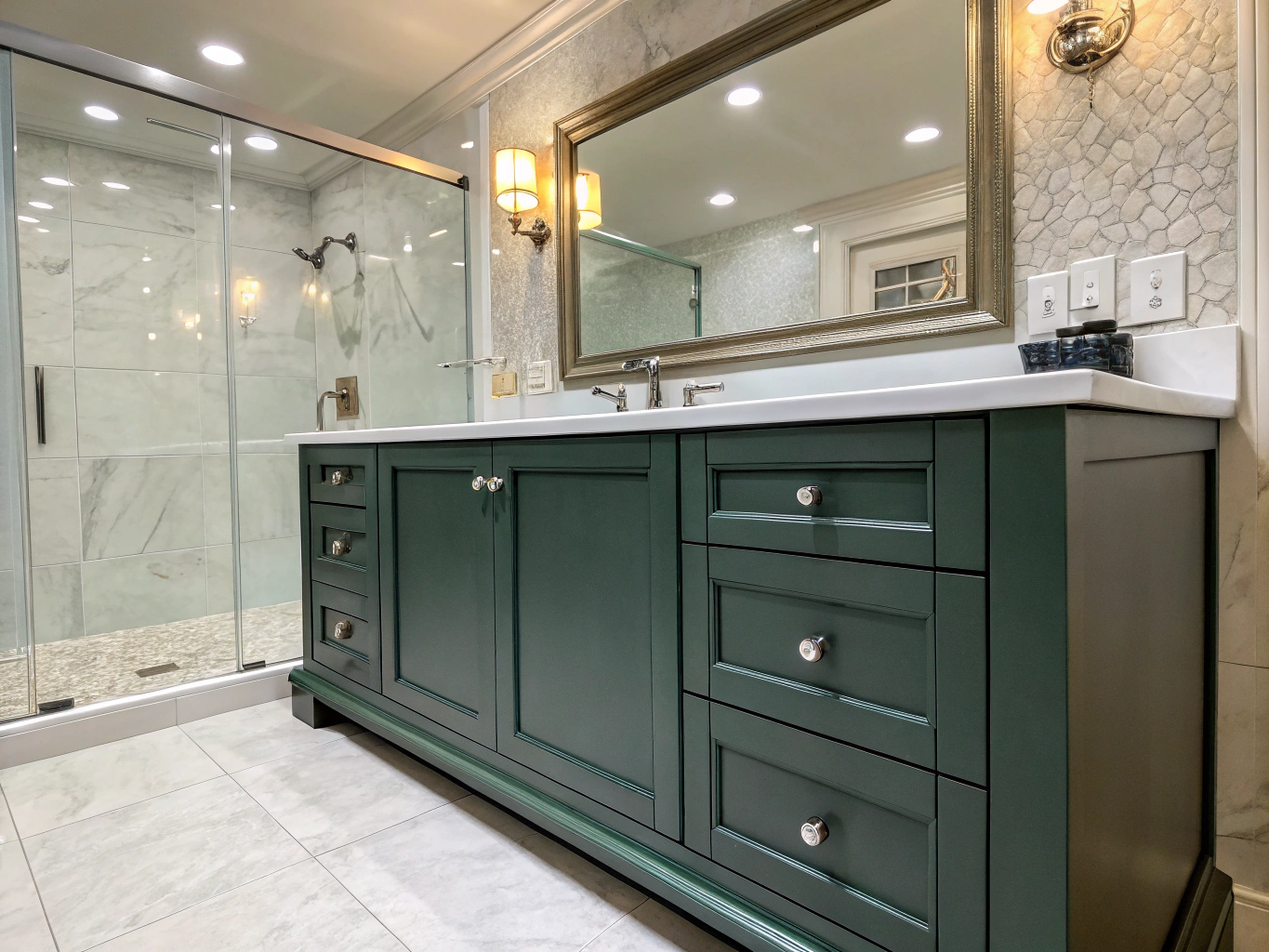 Navy blue bathroom vanity with modern hardware